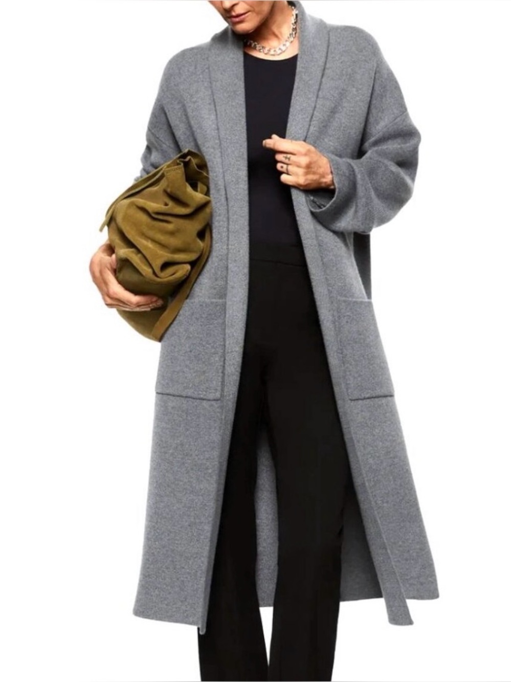 Women's Grey Long Open-Front Mango Coatigan with Pockets